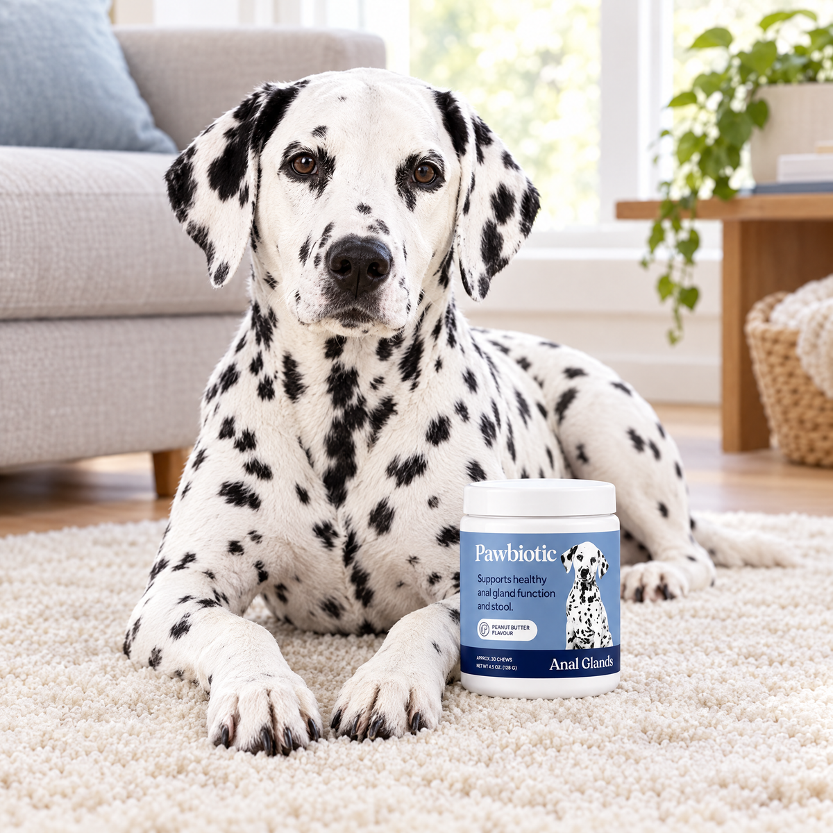 Dalmatian lying next to a jar of Pawbiotic