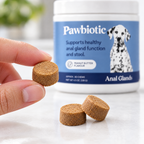 Close-up of Pawbiotic soft chews, one held between finger and thumb for scale
