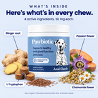 What's inside every Pawbiotic chew: ginger root, chamomile flower, passion flower and L-tryptophan, 50 mg each, plus flaxseed, sweet potato flour and brewer's yeast