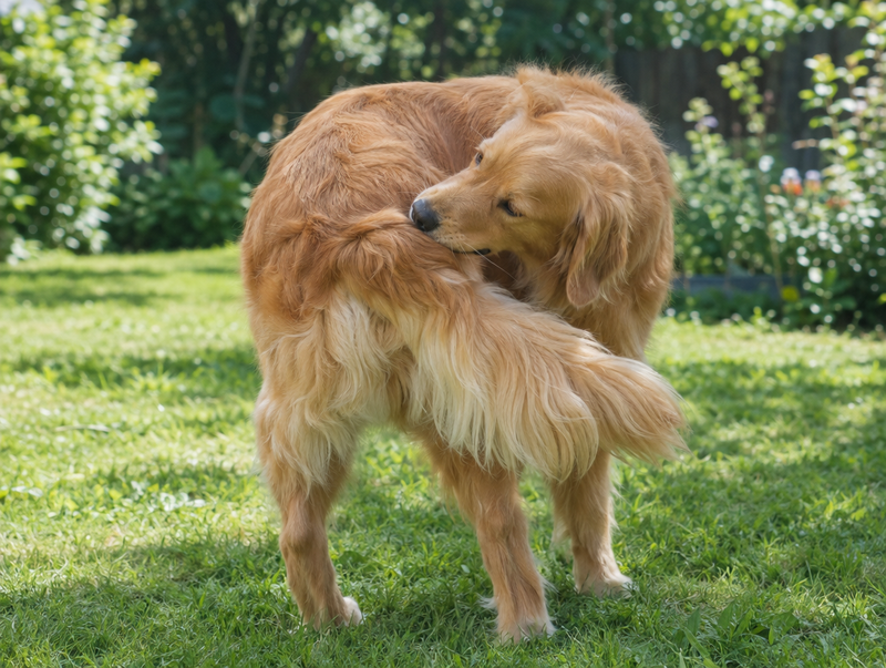 A golden retriever licking at the base of its tail