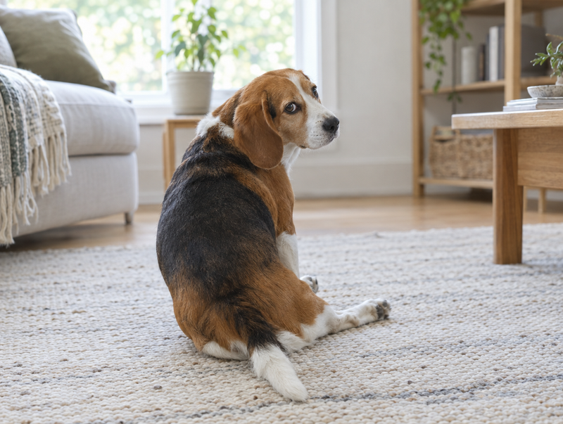 A beagle scooting across a rug